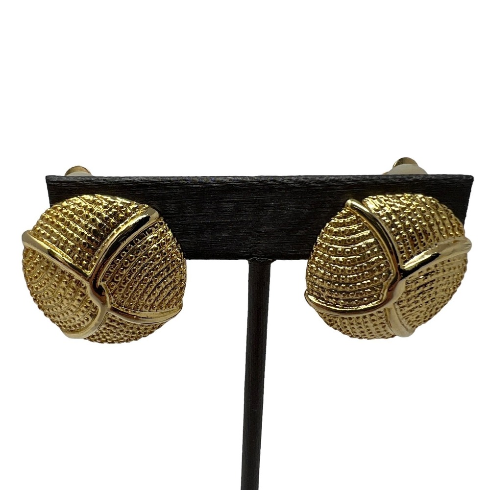 Vintage Clip On Earrings Goldโ Tone Textured Shiny Button